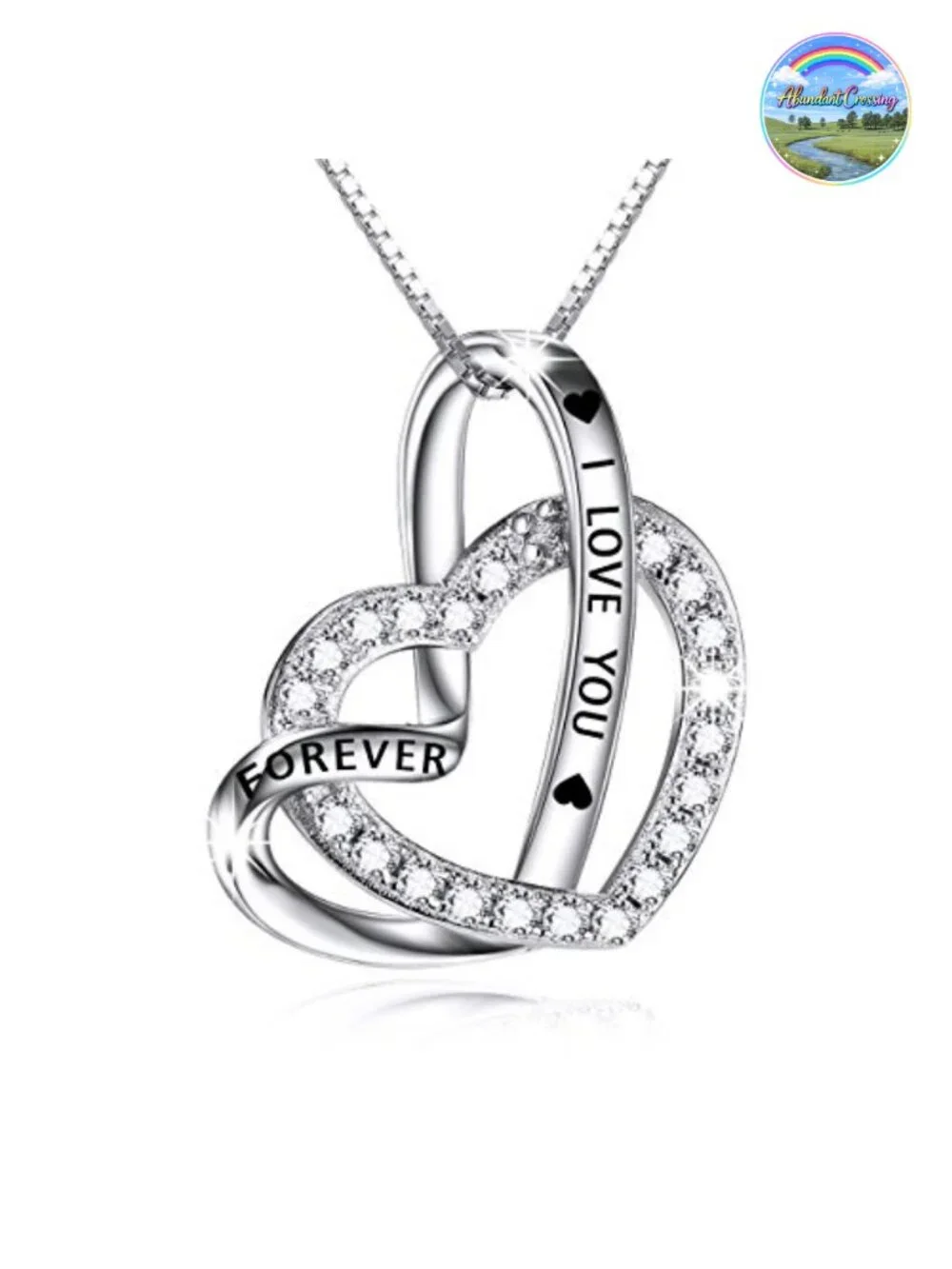 Sterling Silver Heart Pendant Necklace with Cubic Zirconia CZ, Engraved I Love